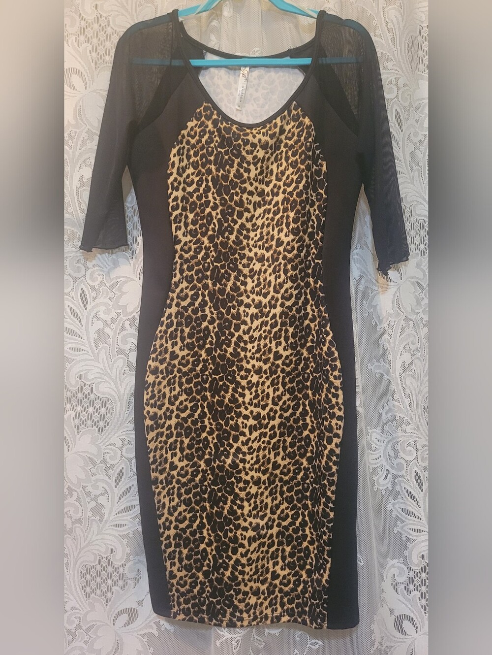 Andrea Missy Black & Leopard Print Sheath Dress With Mesh Sleeves Womens Size M
